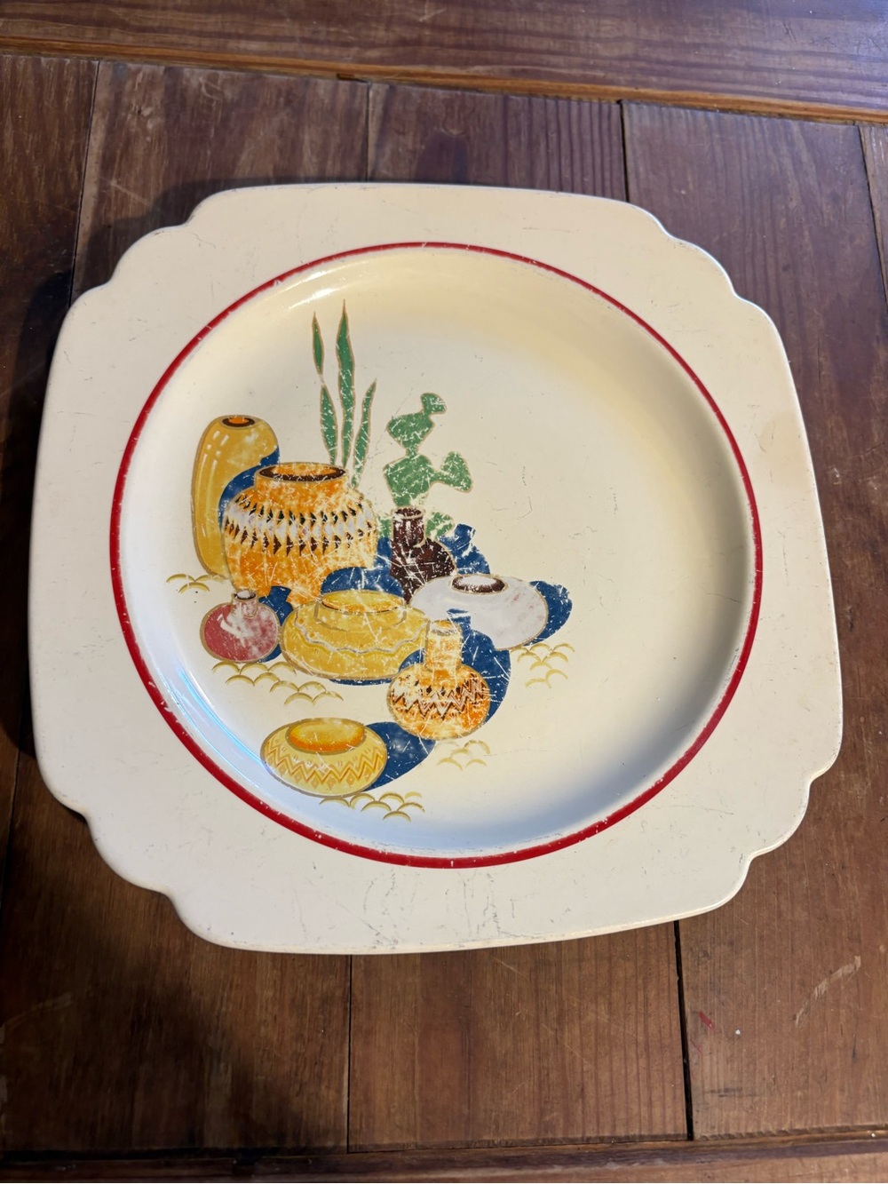 Vintage-Inspired Cream Ceramic Dinner Plate with Red Rim